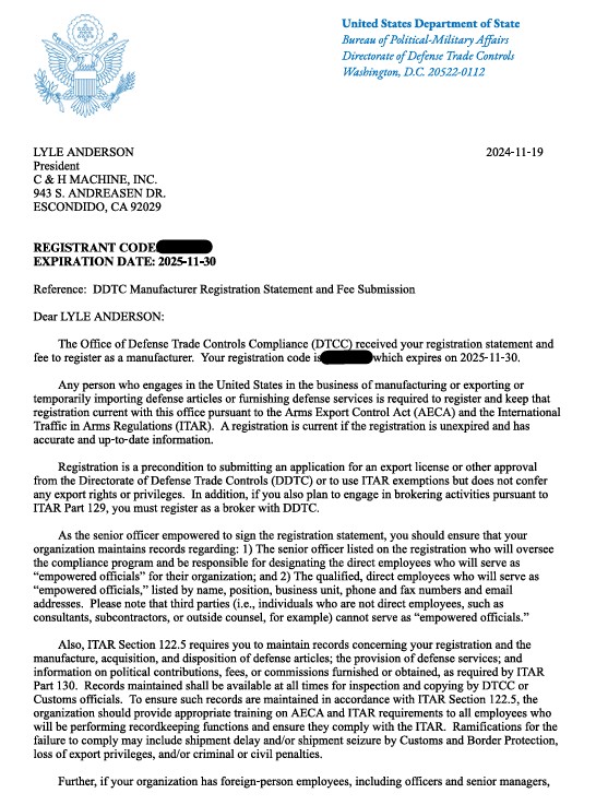 ITAR Letter ITAR Letter